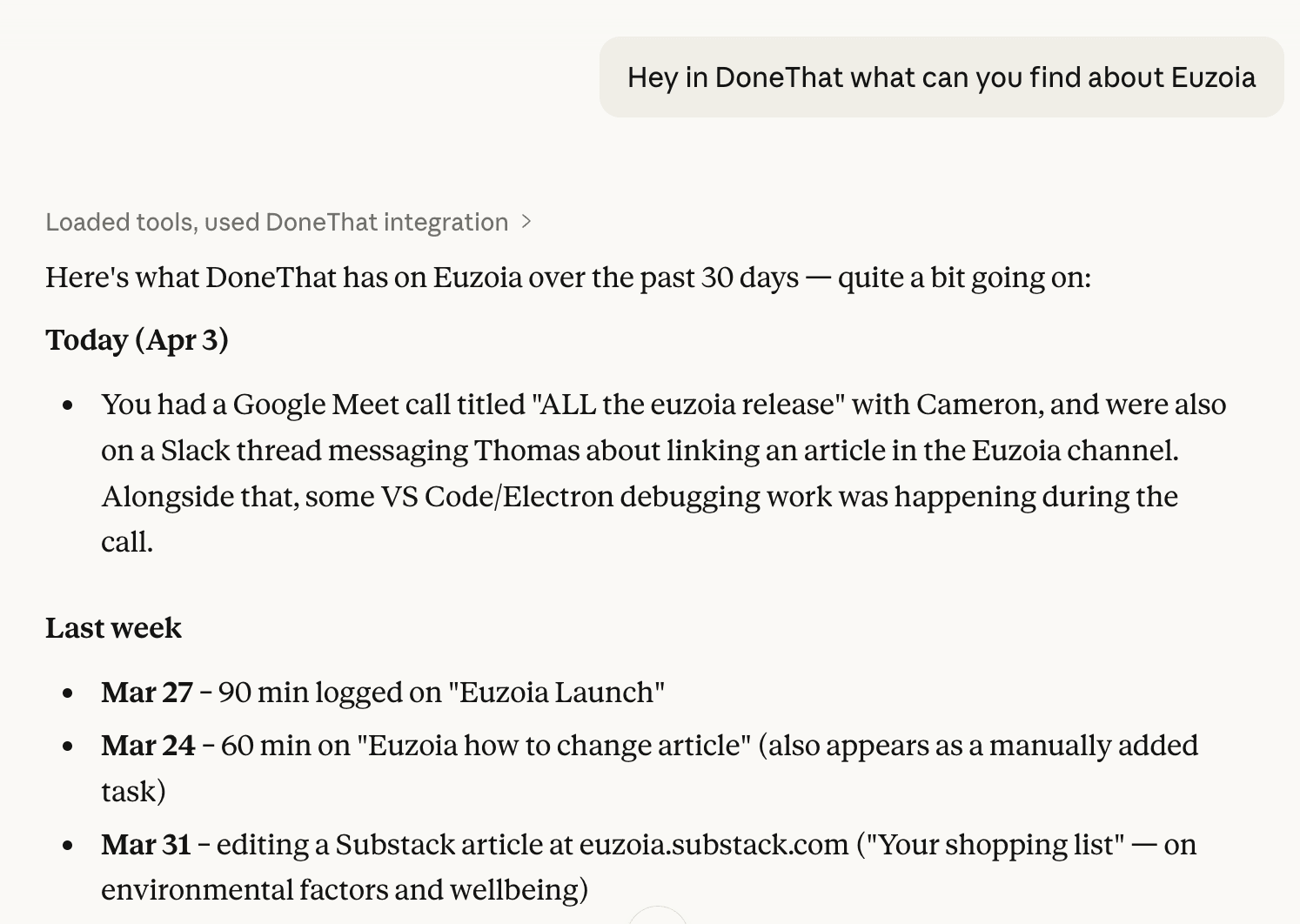 AI assistant searching captured work history through DoneThat MCP