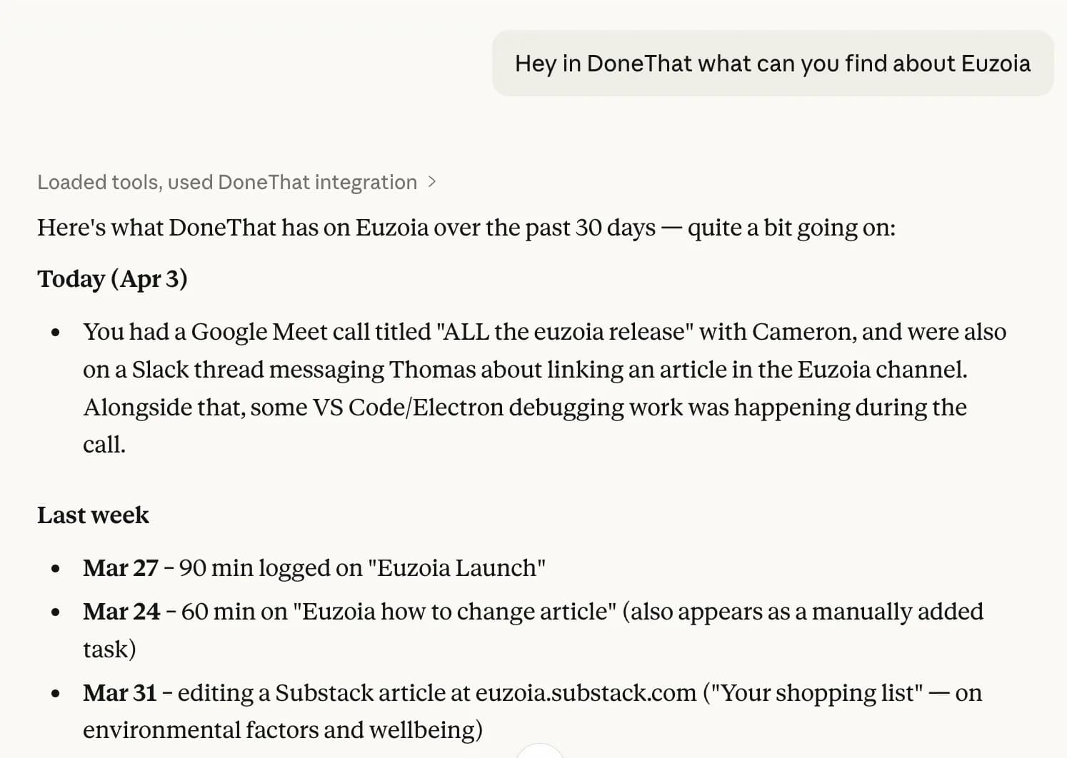 AI assistant searching captured work history through DoneThat MCP