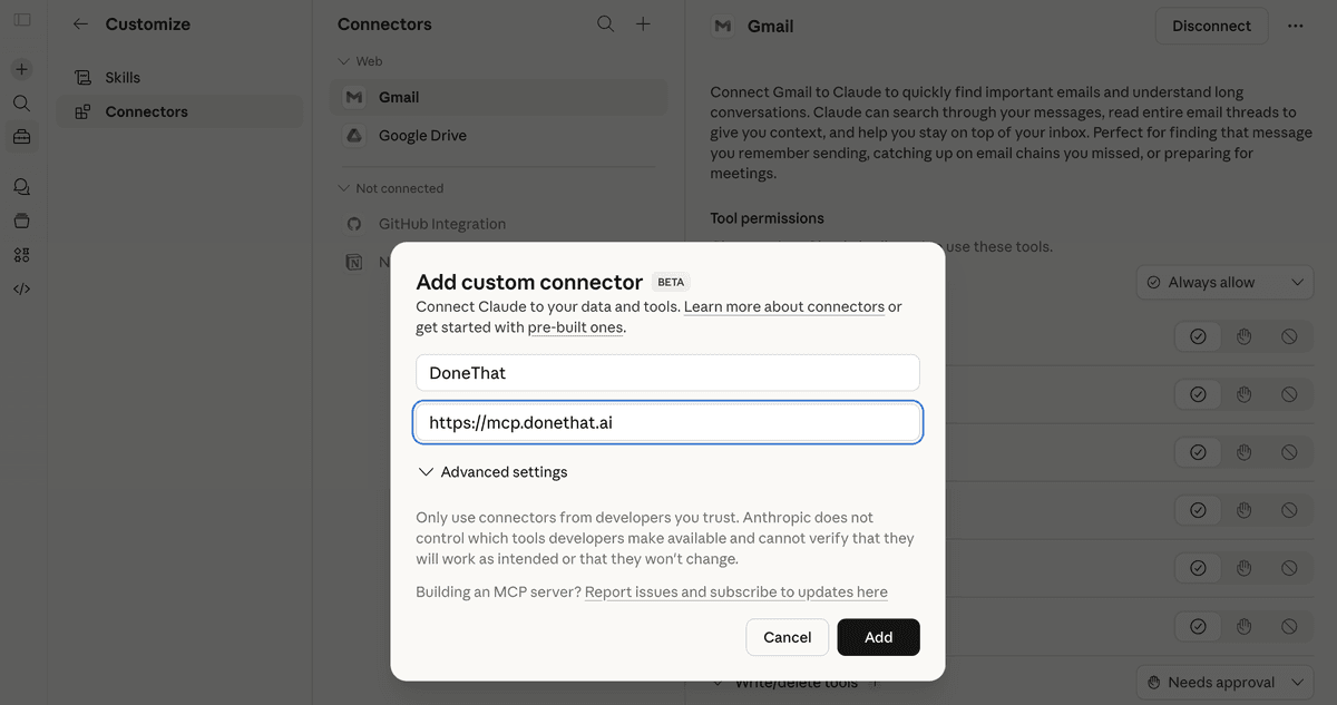 MCP client setup: DoneThat server URL and authentication for AI tools