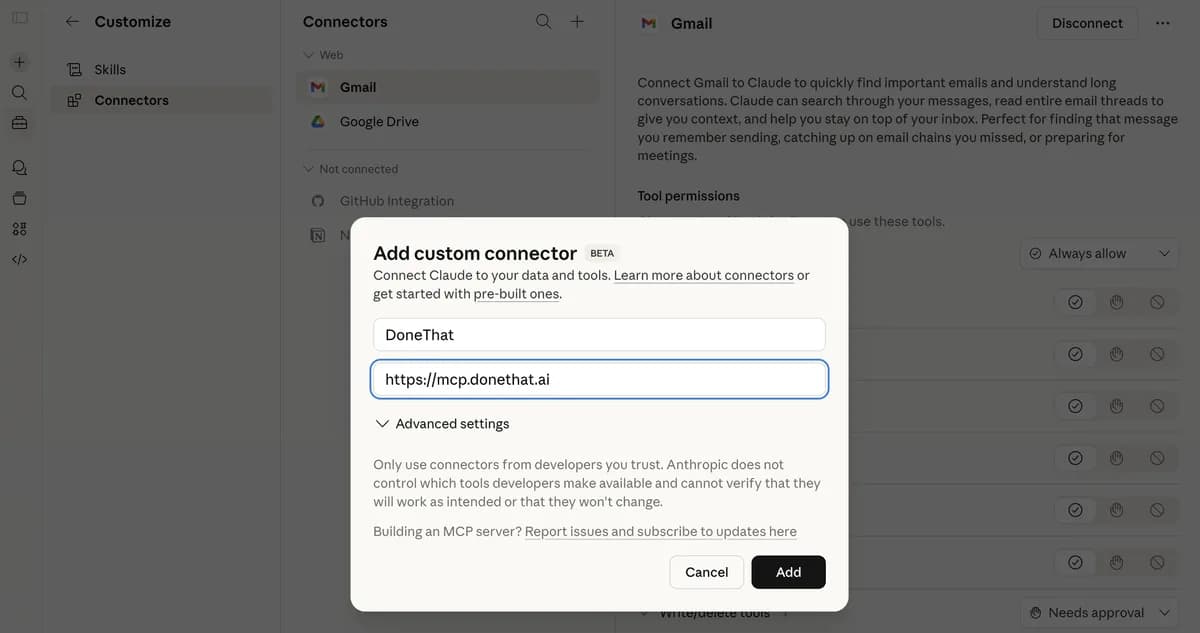 MCP client setup: DoneThat server URL and authentication for AI tools