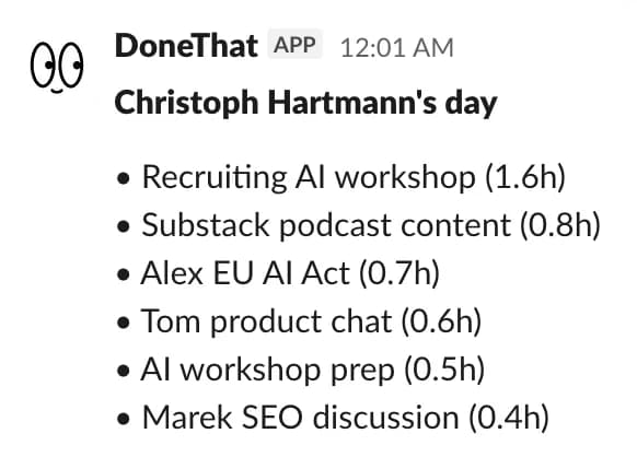 DoneThat summary posted in a Slack channel