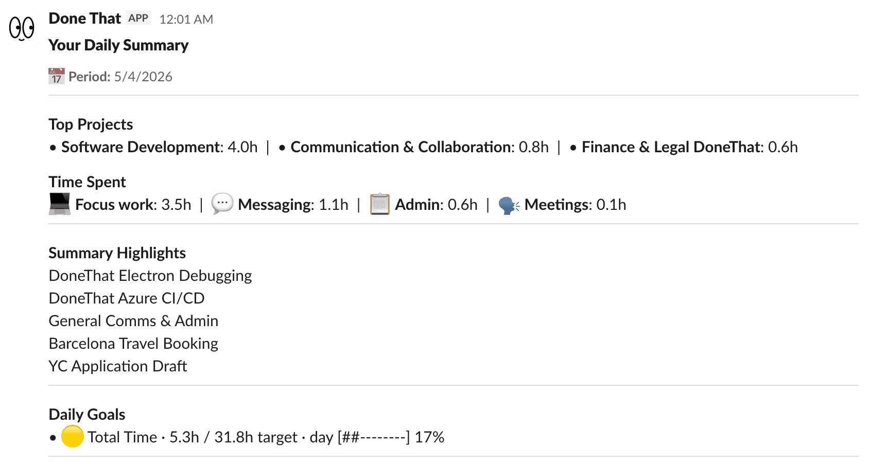 DoneThat summary posted in a Slack channel