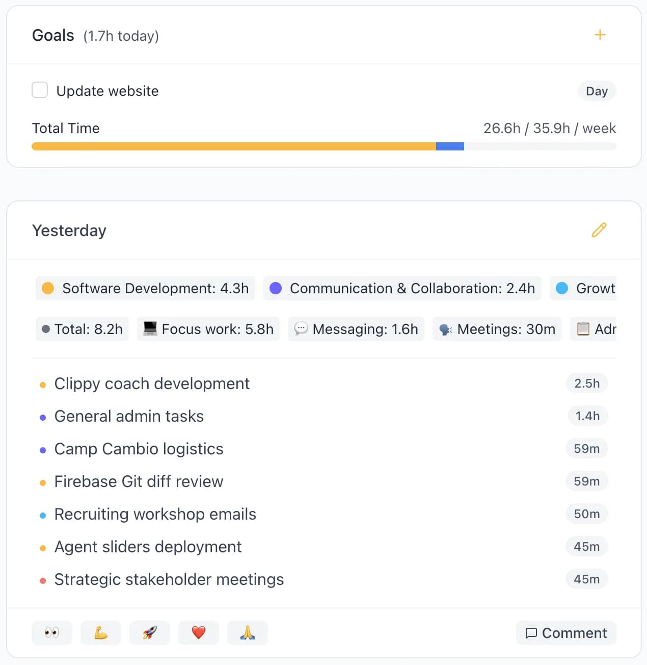 DoneThat home screen showing the day reconstructed into readable summaries